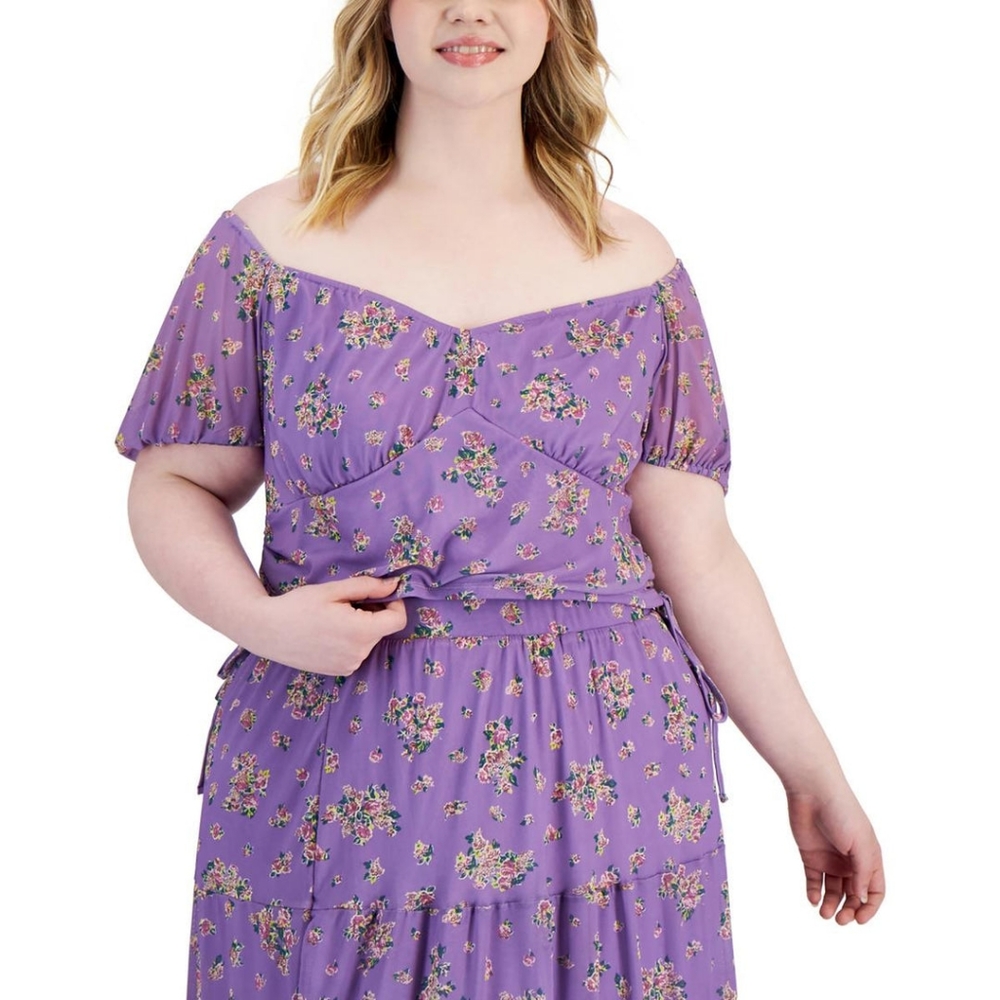 LOVE, FIRE Trendy Plus Size Mesh Top In Purple Floral size 3X